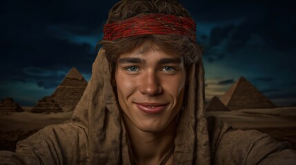 Selfie of biblical Joseph in ancient Egypt wearing traditional Egyptian attire, with pyramids and Giza plateau in the colorful background