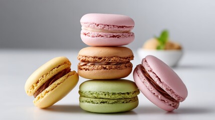 Pastel Macarons Stacked on White Surface with Cream