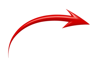 Shiny red curved arrow pointing to the right isolated on transparent background