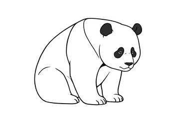 Sad panda drawing. It is a black and white outline image of a sad panda drawing, a pensive bear with a downcast expression. Vector sketch line art draw.