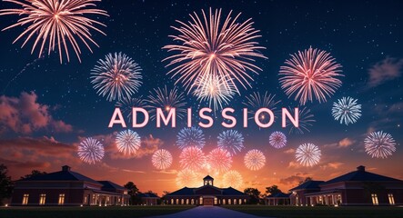 admission word lettering on night sky with fireworks background