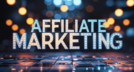 affiliate marketing lettering on blurred lights bokeh background