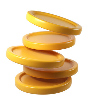 3d finance rendering icon of a stack background, shiny gold coins leaning against a transparent of perfect for investment concept