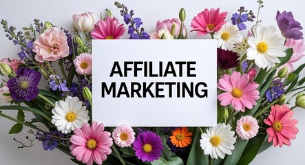 affiliate marketing lettering on plain white card on bouquet of flowers background