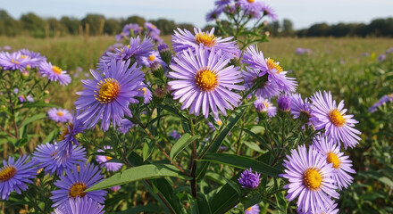 Vibrant purple New England aster flowers in full bloom in a sunny field, symbolizing the beauty of wild nature