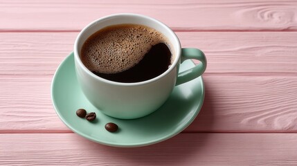 Pastel Pink Tabletop Still Life A Cup Of Black Coffee