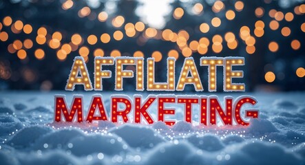 affiliate marketing lettering on winter snow holidays blurred lights bokeh background