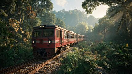 Obraz premium Jungle Train Journey: A vintage train journeys through a lush, vibrant jungle, surrounded by dense foliage, the scene bathed in dappled sunlight. 