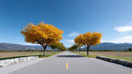 Paved Road Through Autumnal Landscape with Yellow Trees and Mountains