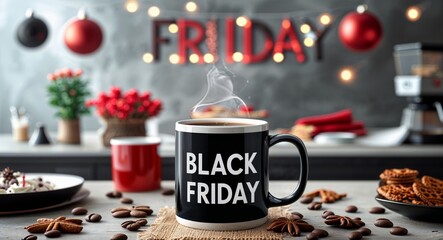 black friday lettering on coffee mug at table