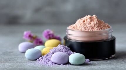 Peach and Lavender Cosmetic Powder with Pastel Candies on Gray Background