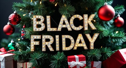 black friday lettering on christmas tree with presents and baubles lights
