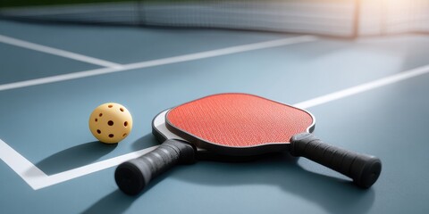Pickleball Paddles and Ball on Blue Court in Sunlight