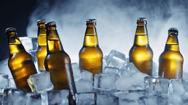 Botellines de cerveza frescos, entre cubos de hielo