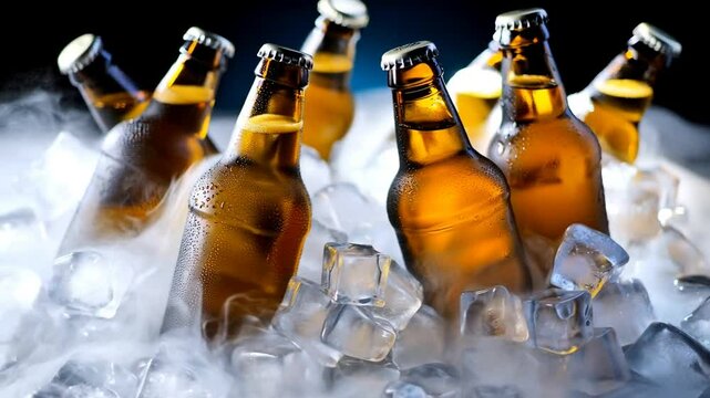 Botellines de cerveza frescos, entre cubos de hielo