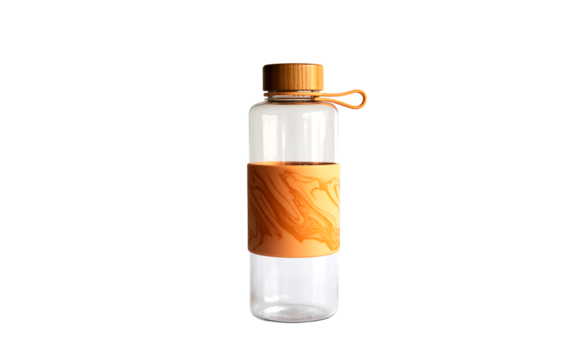 Stylish glass water bottle with bamboo lid and orange marble sleeve isolated on transparent background
