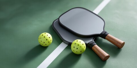 Pickleball Paddles and Balls on Green Court