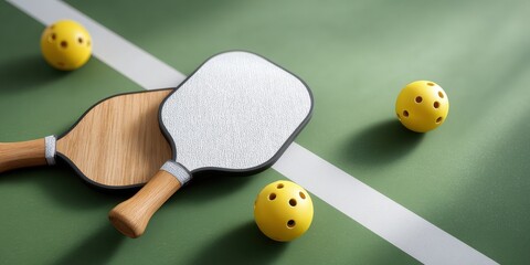 Pickleball Paddles and Balls on Green Court