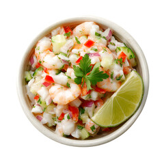 Small bowl filled with shrimp salad or ceviche, isolated on a clean white background, top view,