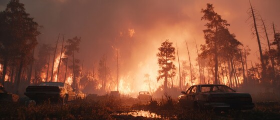 Post-apocalyptic forest on fire, abandoned vehicles and burnt trees, cinematic wide shot, detailed smoke, glowing horizon, concept art for survival video game.