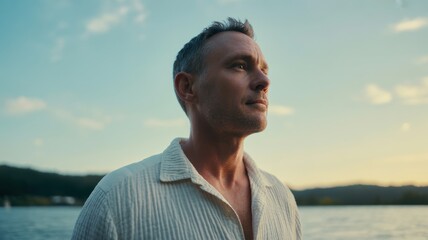 Contemplative caucasian male adult enjoying tranquil lakeside sunset