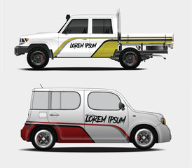 Two Vehicle Designs A White Truck and a Silver Hatchback with Graphics
