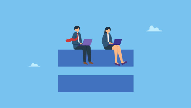 Vector illustration of businessman and businesswoman working on laptop sitting over the equal sign. Gender equality, equal women and men at the office workplace, work or social rights issue concept.