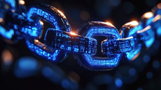 Close-up of glowing blue futuristic metallic chain links with intricate circuit-like patterns against dark blurred background