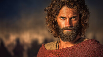 Close-up digital painting of ancient Greek warrior with beard and long hair, intense stare, battle scene behind him.