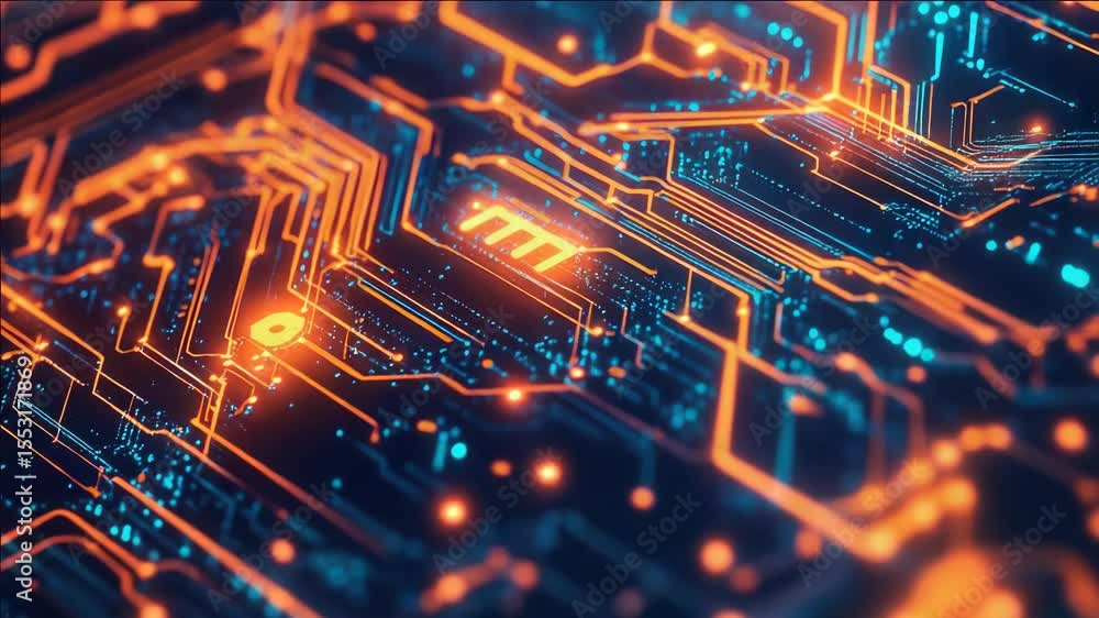 Poster the glowing circuit board is of electronic devices. it shows the complexity and precision required i