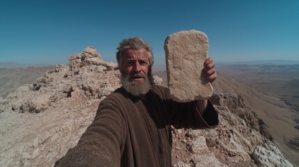 Moses holding the stone tablet with Ten Commandments, taking a selfie on mountain top, biblical scene with modern twist, cinematic style
