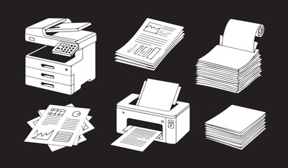 Printer and paper icons: essential office equipment for printing, copying, and document management solutions.

