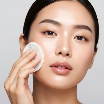 Radiant Asian Woman Cleansing Face with Cotton Pad for Skincare Routine, Flawless Complexion and Glossy Lips of a Young Asian Woman Using Cotton Pad