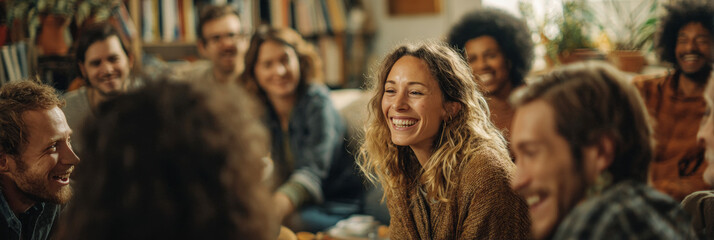 Group of diverse friends gathered in a cozy living room, sharing laughter and stories, creating a warm atmosphere of connection and joy among each other