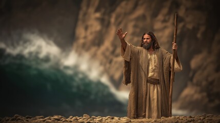 Moses parting the Red Sea, biblical scene from top view, dramatic realistic image of sea opening with walking people crossing