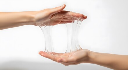 Transparent goo flowing between two fair skinned hands against a white background, Aesthetic viscous liquid demonstration with skin texture, light and shadow