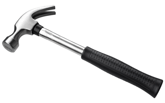 Metal claw hammer with black rubber grip isolated on transparent background