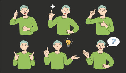 Casual man character with diverse poses and expressions for emotions, ideas, and communication concepts.

