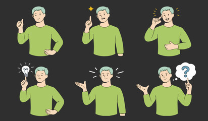 Casual man character with diverse poses and expressions for emotions, ideas, and communication concepts.

