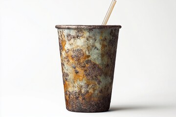 Close-up of a heavily rusted metal cup with a straw on a white background, showcasing corrosion and weathered texture