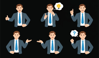 Businessman character with various poses and expressions for business communication, ideas, and problem-solving.


