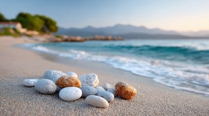 Smooth Beach Stones and Soft Waves on Sandy Shore with Mountain Background
