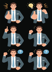 Businessman character with various poses and expressions for diverse business concepts and communication.

