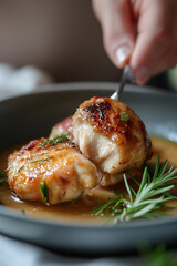 Close up image of a chef hand reaching into the dish. Delicious healthy food concepts.