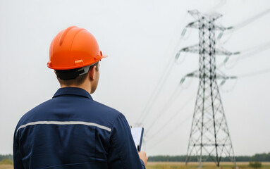 Electrician works on high-voltage electrical line, representing skilled labor in power industry. Maintenance, safety and utility infrastructure. Worker with document looking on electrical tower