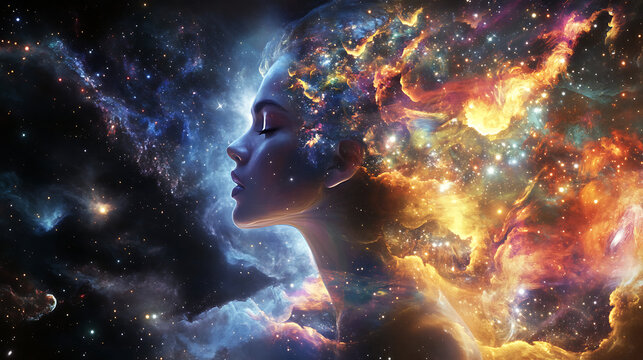 A goddess of the cosmos creating stars, symbolizing limitless potential and creativity.