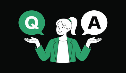 Woman balancing Q&A speech bubbles: perfect for FAQs, support, and problem-solving concepts.

