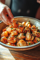 Close up image of a chef hand reaching into the dish. Delicious healthy food concepts.