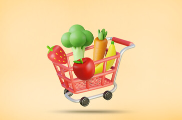 3D illustration vector render of red shopping cart with assorted vegetables and fruits, broccoli, carrots, apples and strawberries. Organic shopping concept in supermarket or online shopping.