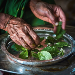 Wrinkled hands, possibly of a priest or an elderly devotee, gently arrange sacred Tulsi leaves on a silver plate. The dark background emphasizes the ritualistic and spiritual nature of the act